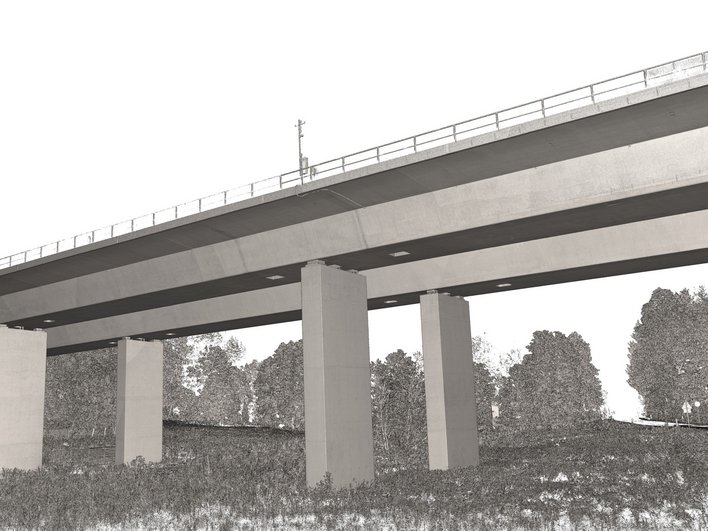 Punktwolke einer gescannten Autobahnbrücke an der Autobahn A7 / Deutschland Punktwolke einer gescannten Autobahnbrücke an der Autobahn A7 / Deutschland