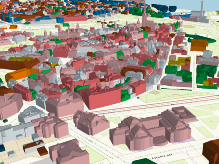 3D buildings in Tallinn, Estonia, coloured by first year of usage in e-construction 3D digital twin, photo source ELSDB