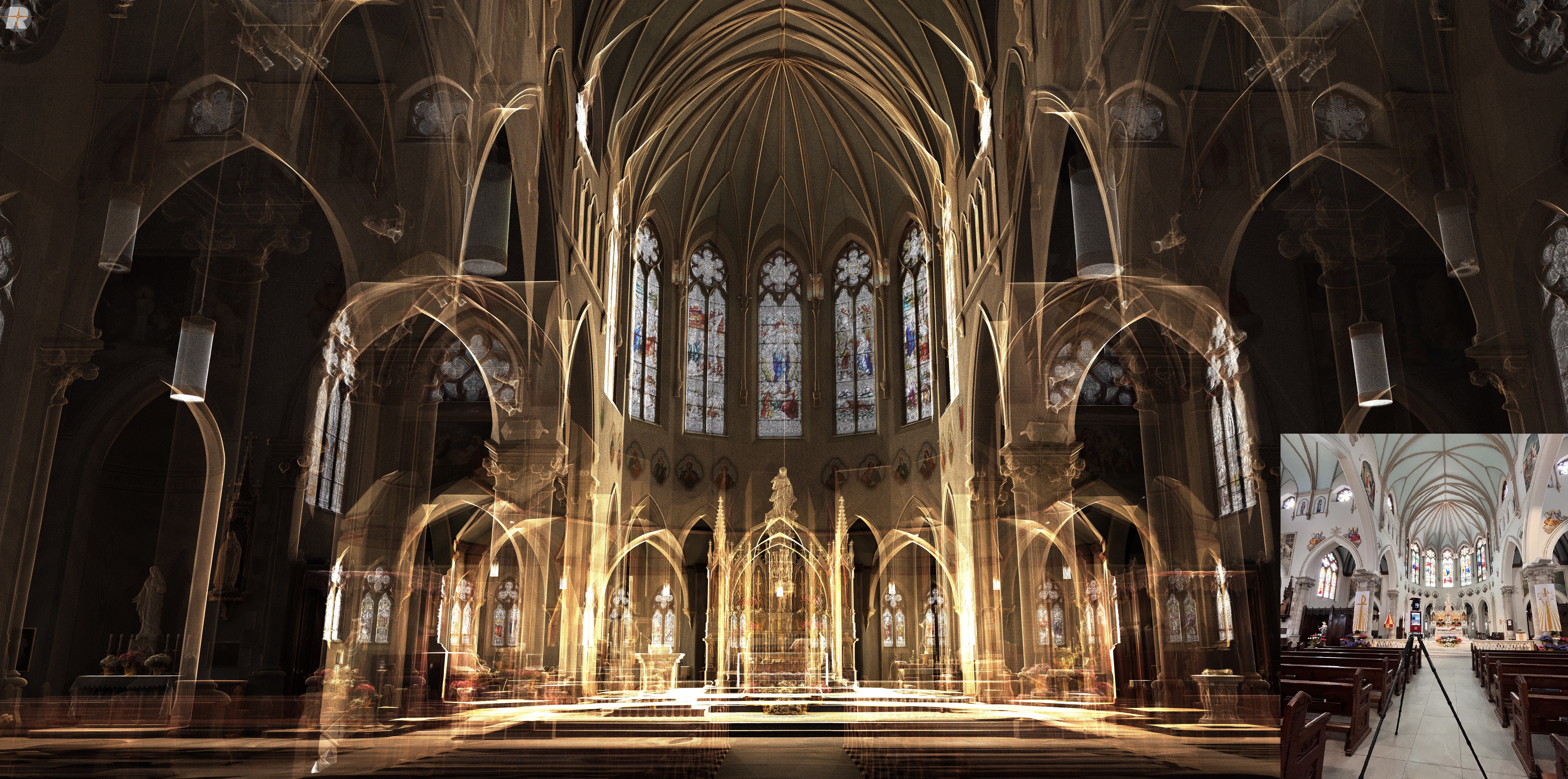 <em>RIEGL</em> VZ-600i rear interior perspective point cloud data of the Basilica of Our Lady Immaculate in Guelph, Ontario, Canada.