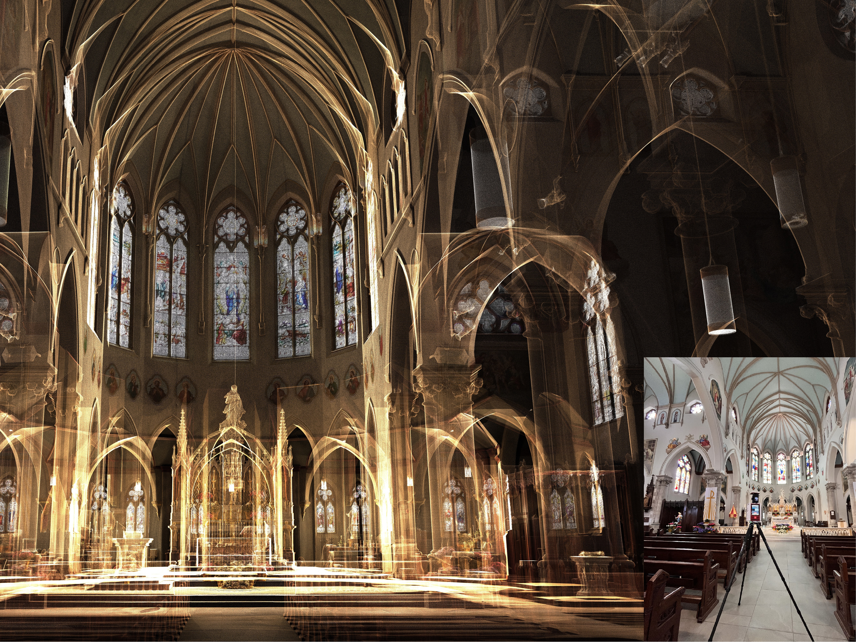 <em>RIEGL</em> VZ-600i rear interior perspective point cloud data of the Basilica of Our Lady Immaculate in Guelph, Ontario, Canada.