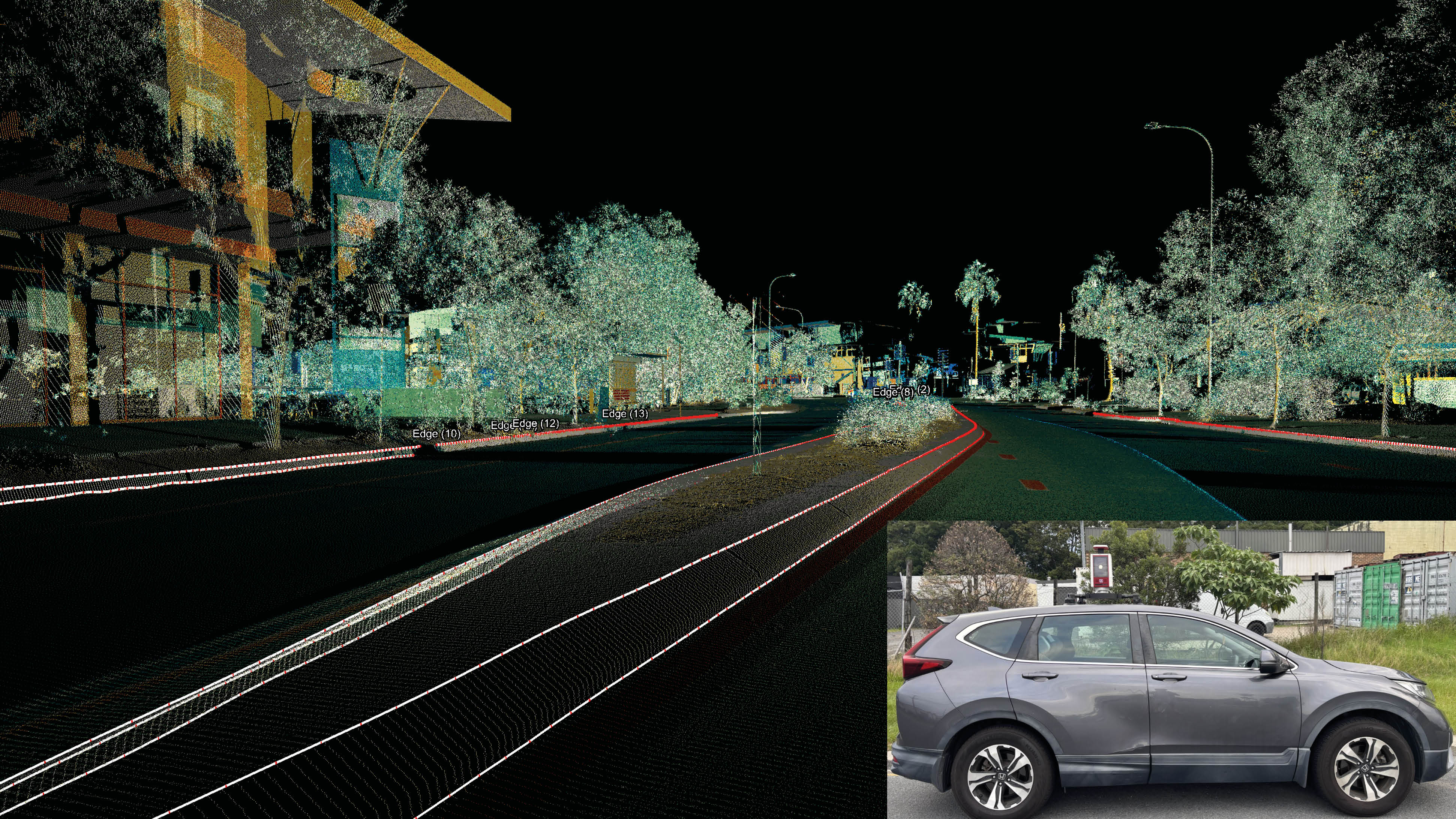 Curb extraction shown in <em>RIEGL</em> VZ-600i point cloud data acquired in kinematic mode at a driving speed of 40 km/h.