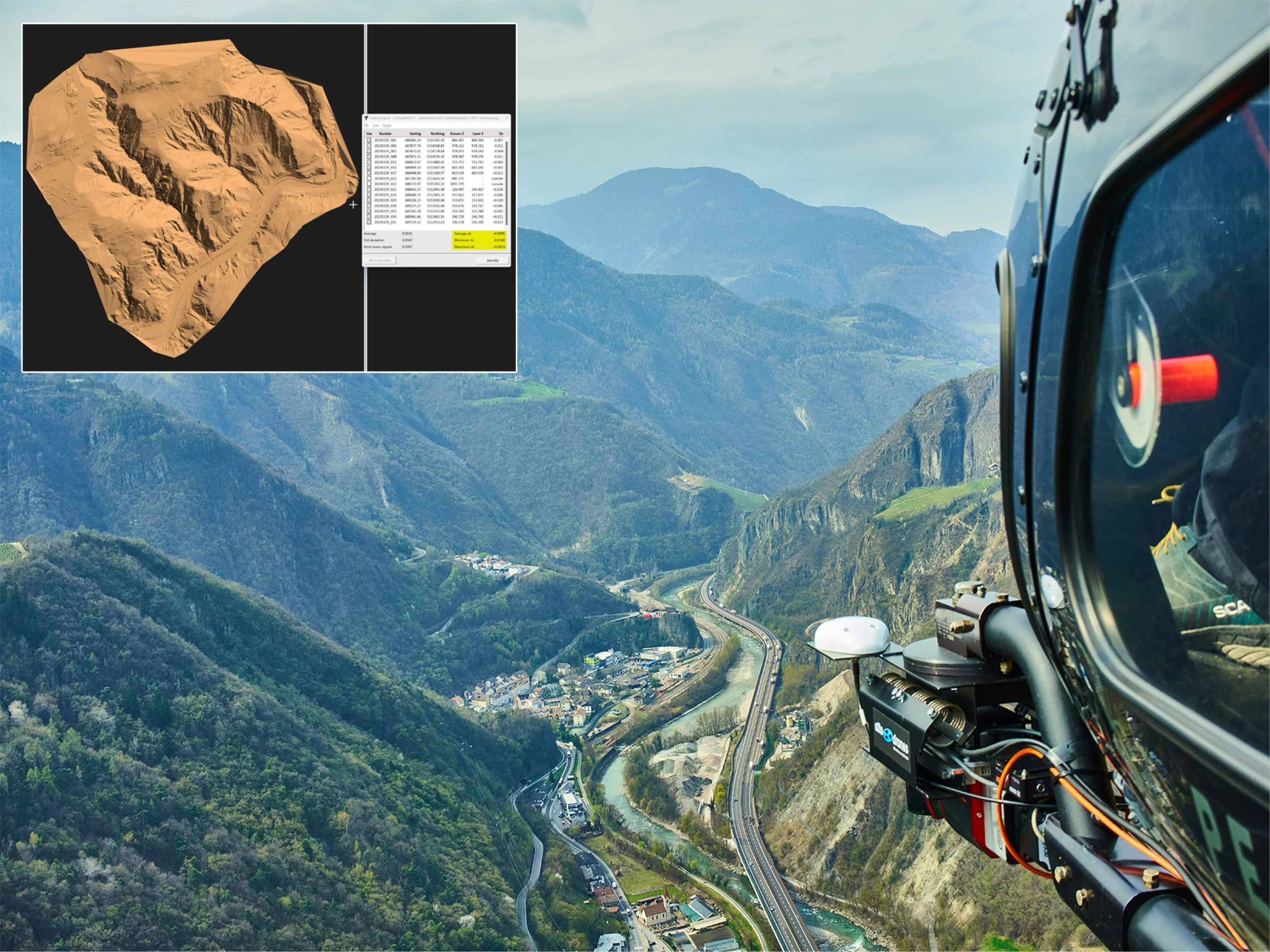 Helicopter-based canyon survey using <em>RIEGL</em> VUX-120 airborne LiDAR scanner, APX-20 INS/GNSS system, PhaseOne iXM100 RSM35 and AV39 antenna. Surveyed area: 200 hectar; accuracy: approx 1.67 cm (std.deviation).© Alto Drones